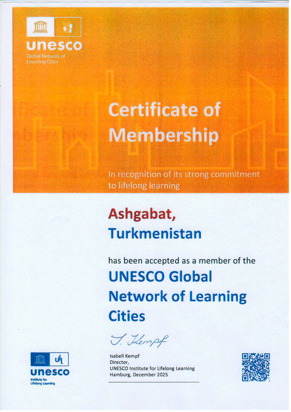 Ashgabat becomes an official member of the UNESCO Global Network of Learning Cities